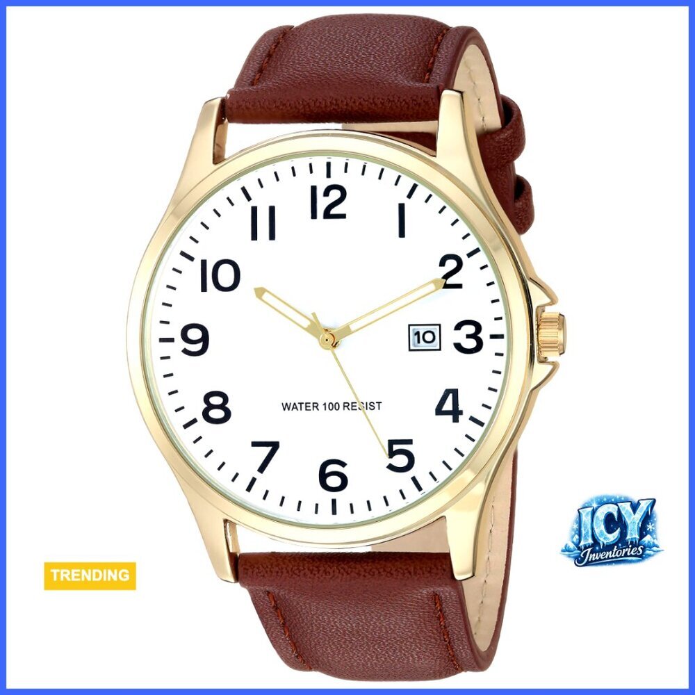 Men's 42mm Analog Watch with Brown Faux Leather Band
